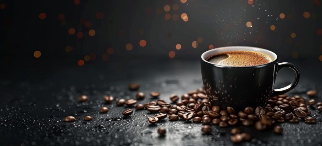 A Cup of Coffee Surrounded by Roasted Beans on a Dark Background Stock Free