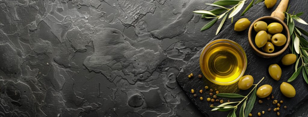 Green Olives and Olive Oil on a Black Background Stock Free