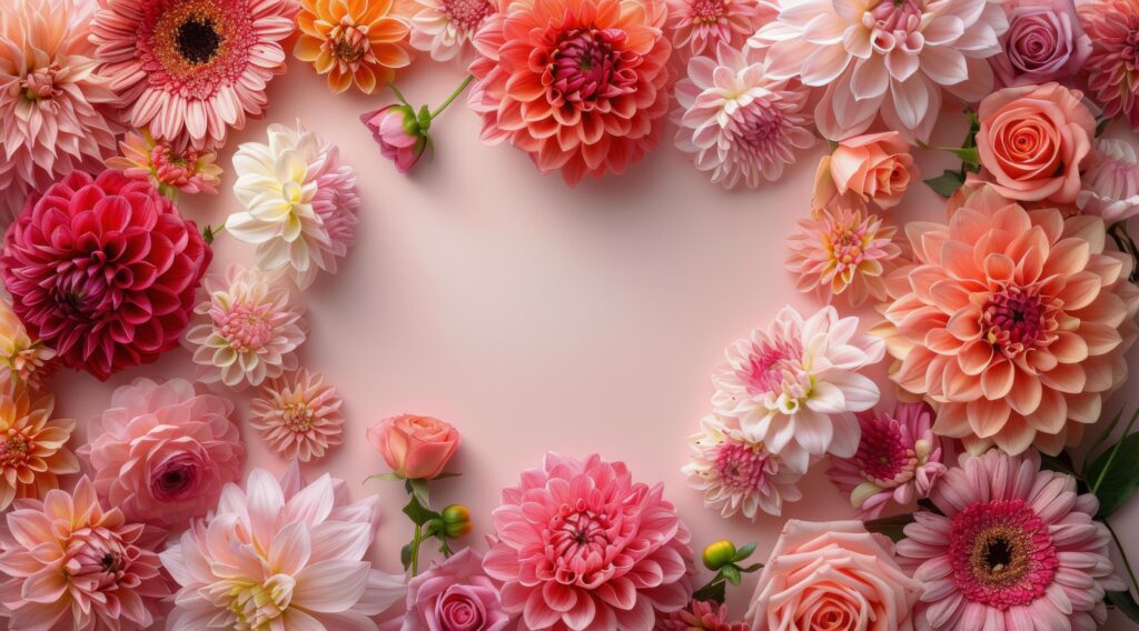 Pink and Orange Flowers Arranged in a Heart Shape on a Pink Background Stock Free