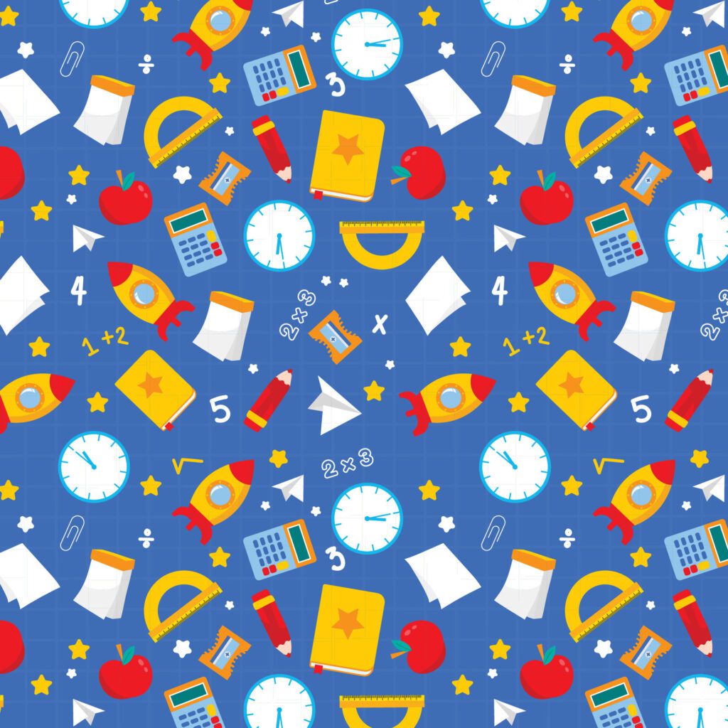 a blue background with school supplies and other items Free Vector