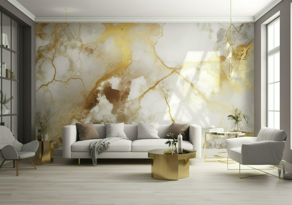 white marble wallpaper, in the style of high detailed, yellow and gold, 32k uhd, layered mesh, cracked, poured, transparency and lightness, generate ai Stock Free