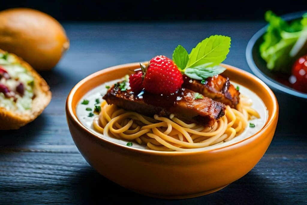 the food is served in a bowl with a fork and a knife. AI-Generated Free Photo