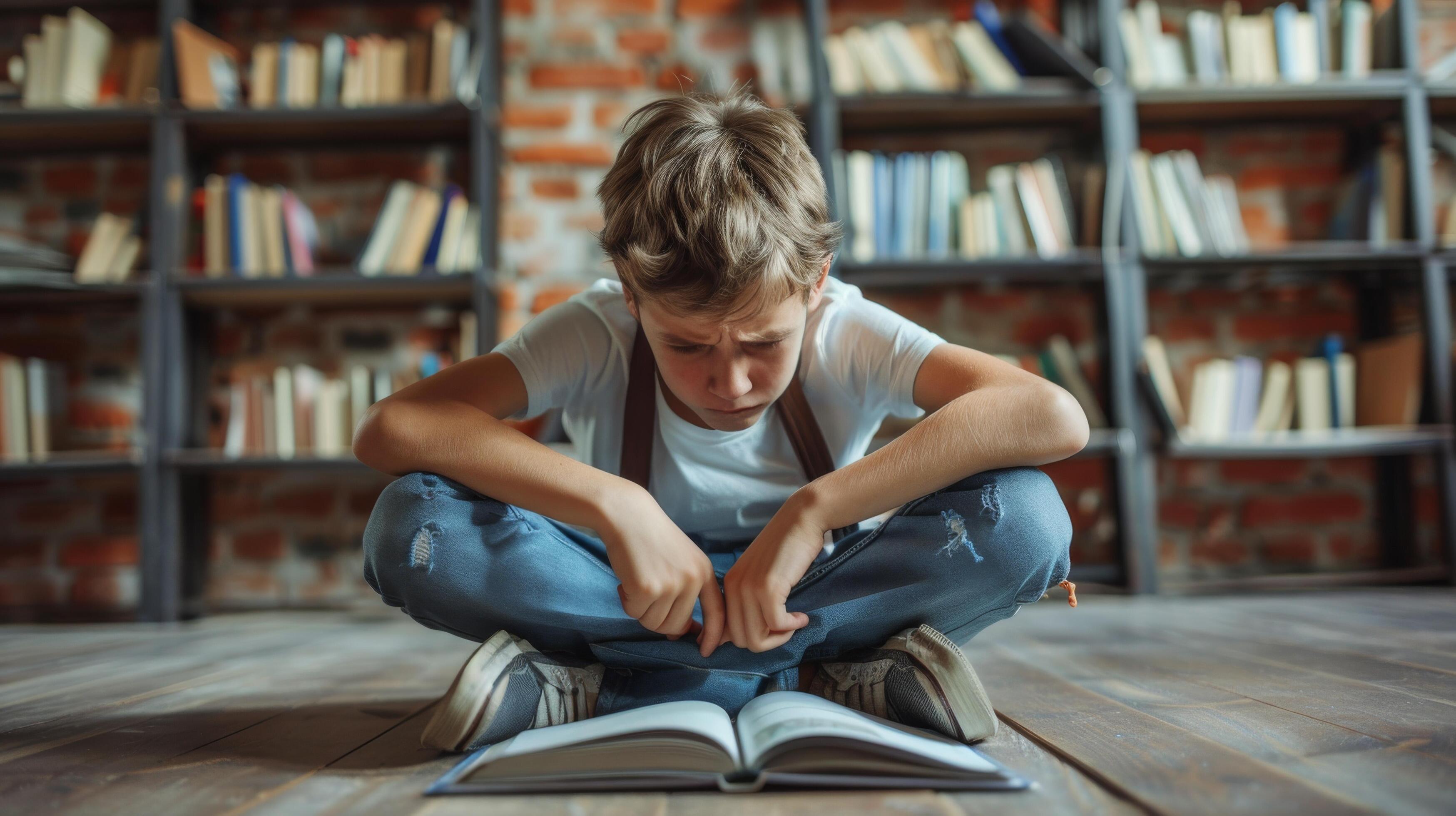 Young Boy Sitting on Floor Reading Book Stock Free