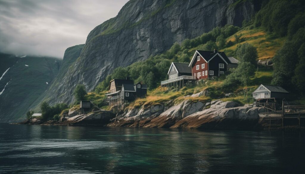 Idyllic hut on remote arctic mountain range generated by AI Stock Free