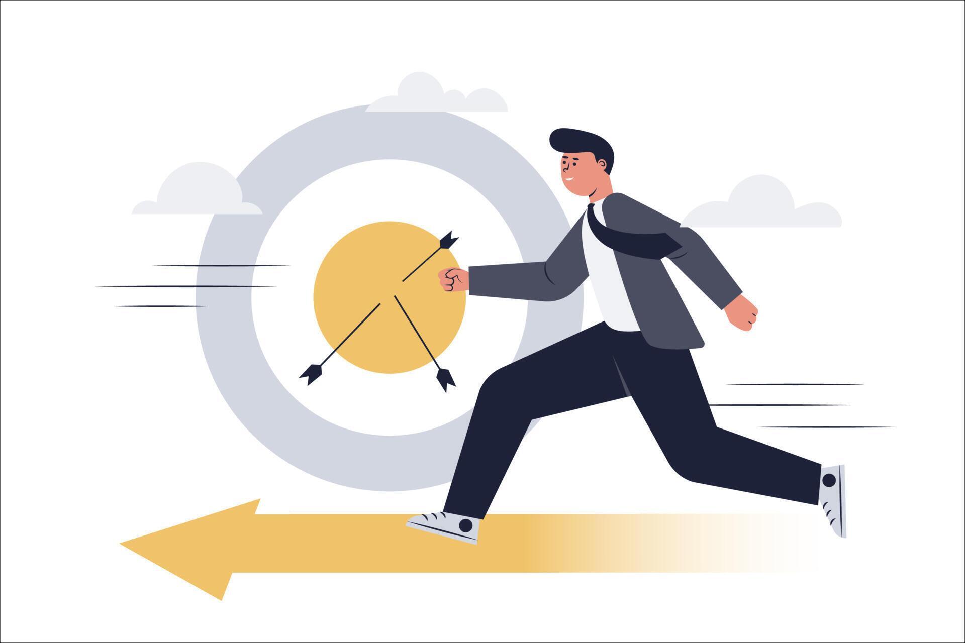 Businessman ran on yellow arrow to business target. Archery target with arrow. Vector illustration. Stock Free