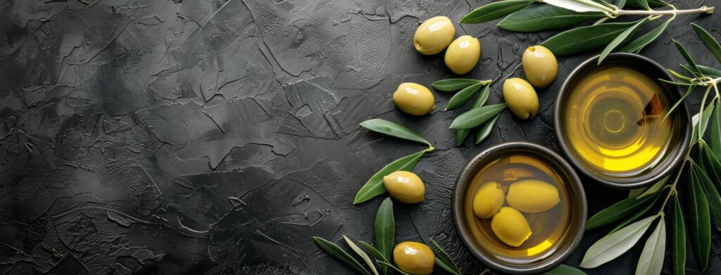 Fresh Green Olives and Sprigs on Dark Background Stock Free