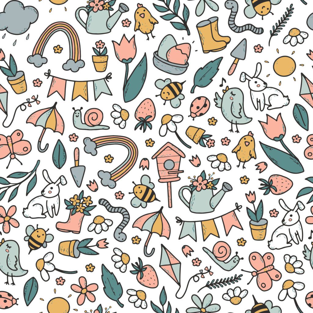 Spring seamless pattern with doodles on white background. Good for Easter decor, wrapping paper, scrapbooking, kids textile, wallpaper, etc. EPS 10 Free Vector