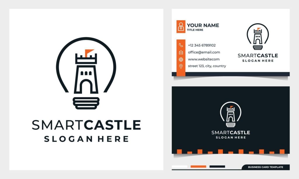 Light Bulb with line art Castle Logo Smart Castle with business card Stock Free