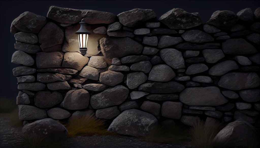 Old fashioned lantern shines on rustic stone wall , Stock Free