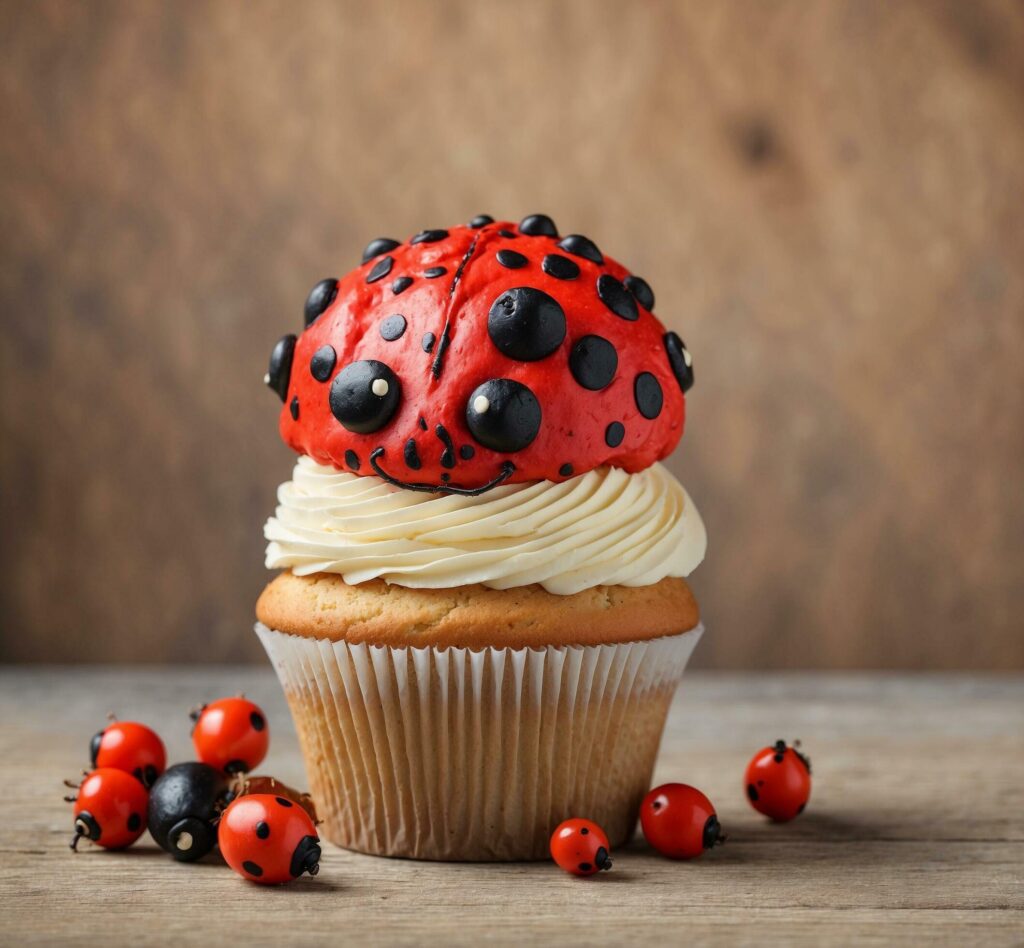 Cupcake with ladybug and ladybug on wooden background. Free Photo