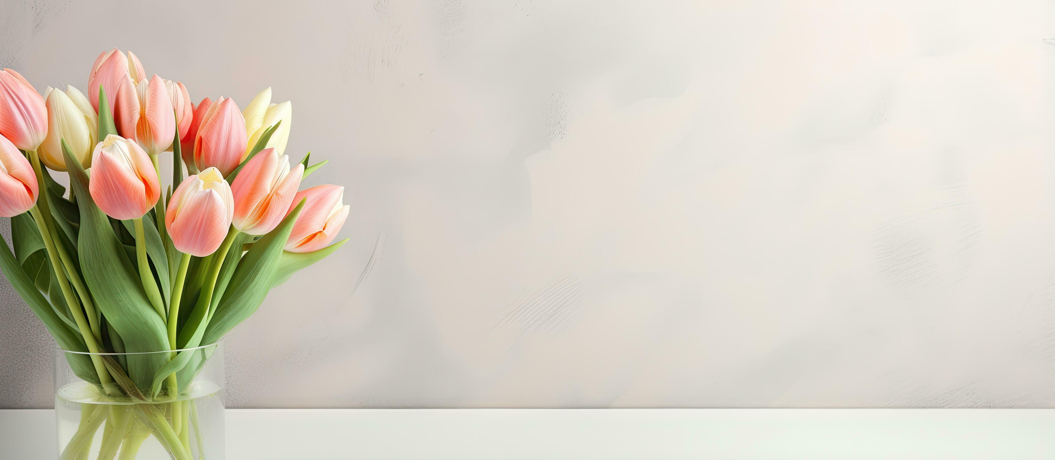 Tulip flowers in a vase by a bright room wall Stock Free