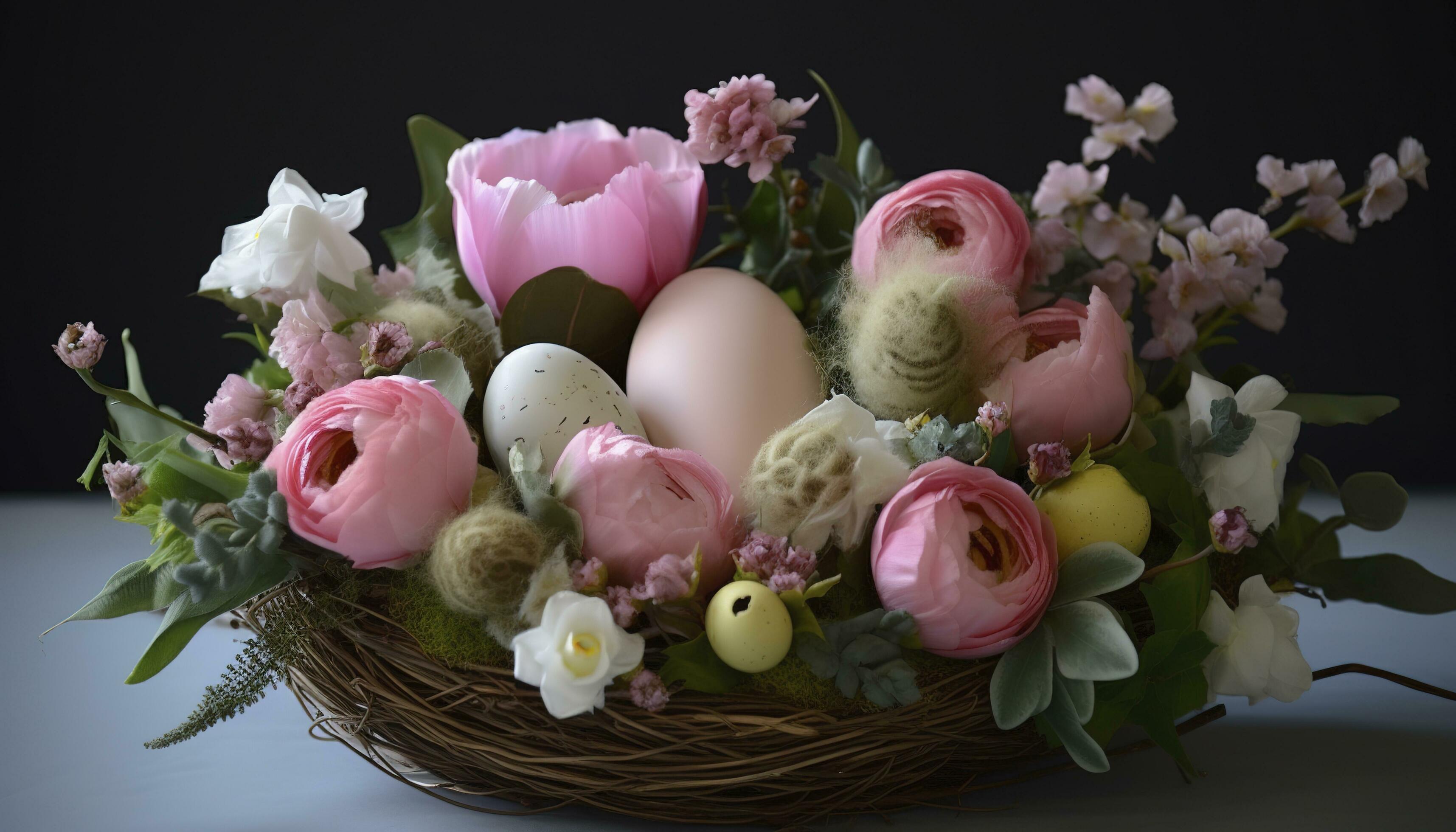 Pink Spring Flower Arrangement, Easter Decoration, generate ai Stock Free