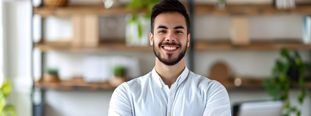 Confident Young Business Executive Smiling in Office Environment Stock Free