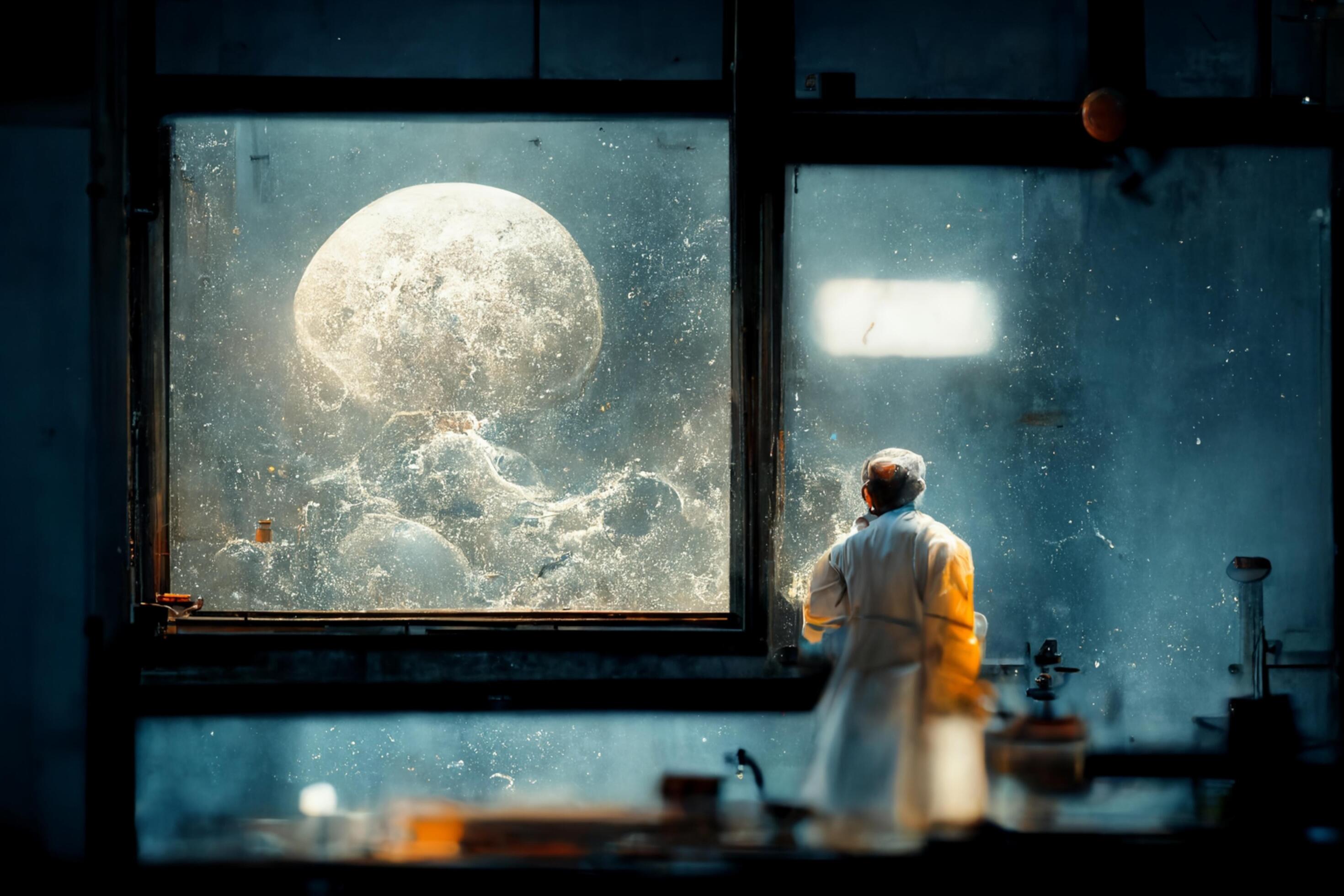 man standing in front of a window looking at the moon. Stock Free