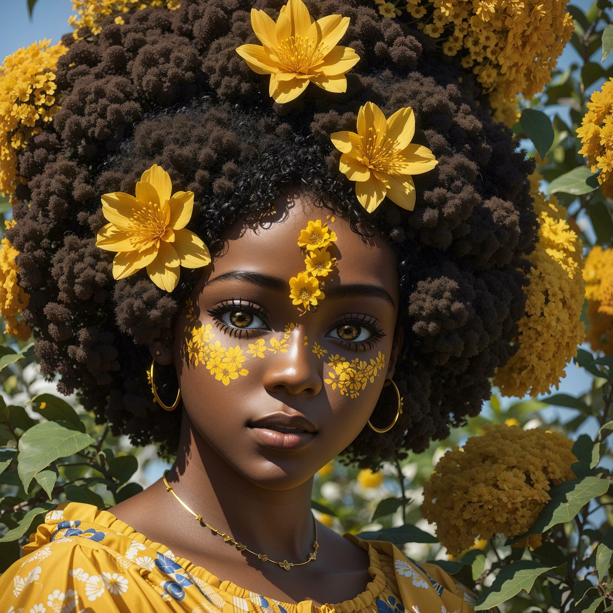 Beautiful afro woman portrait with yellow flowers on her head – Ai Generative Stock Free