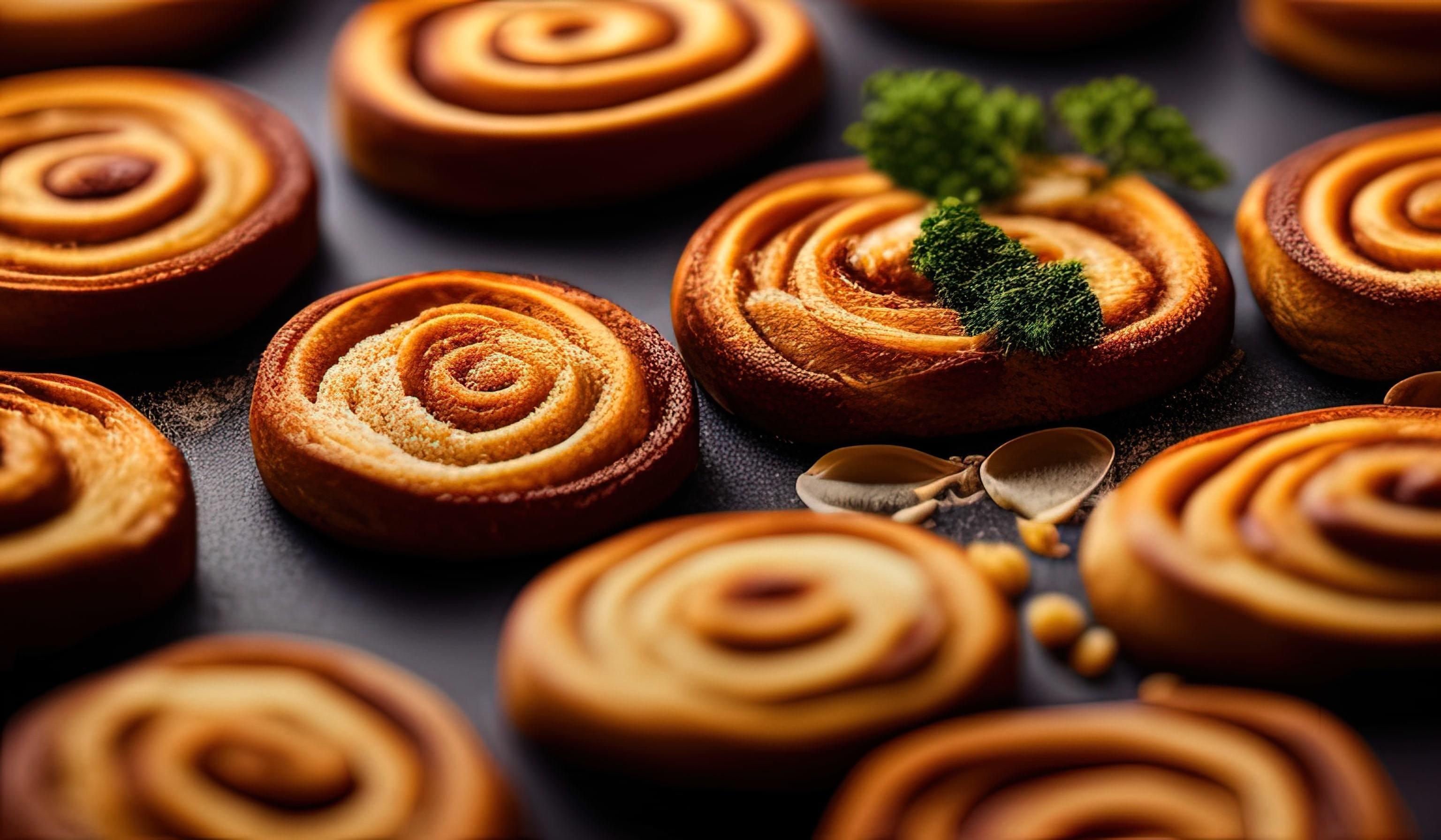 dvertising professional food photography close up of a pile of cinnamon rolls covered in sugar Stock Free