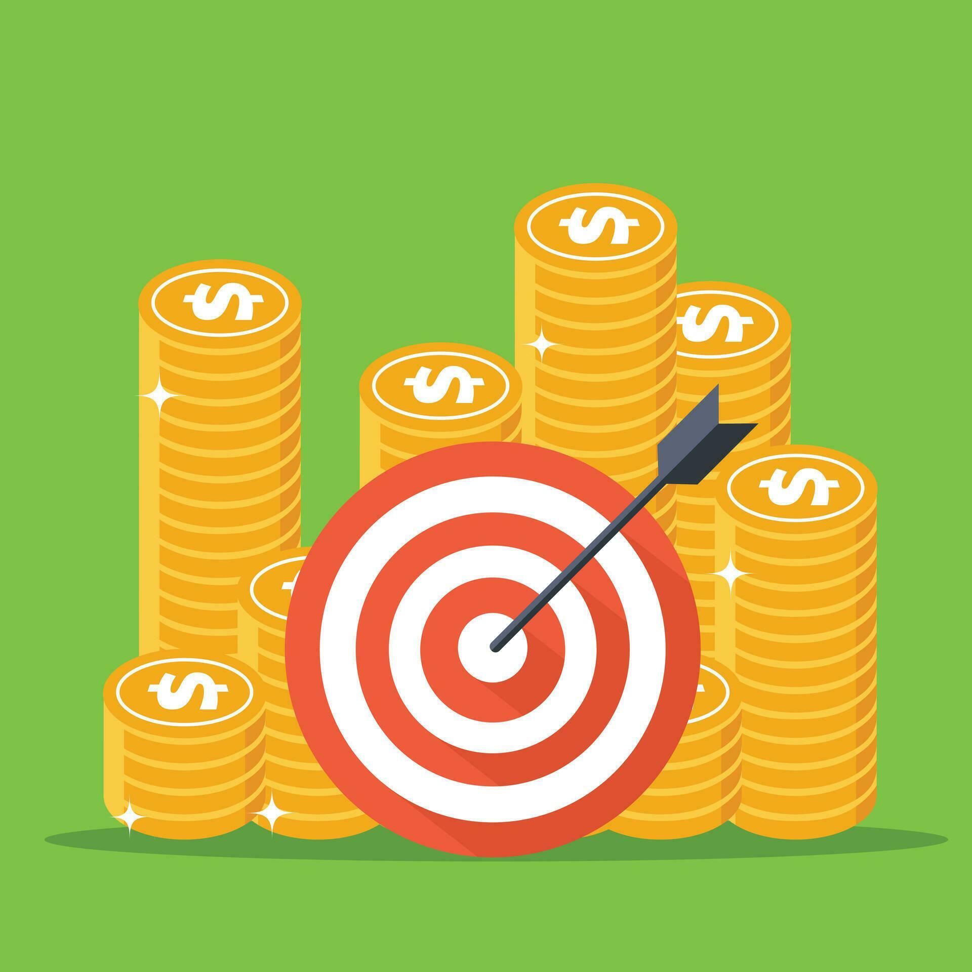 Cash growth. Dart target with arrow, Dollar cash and golden coins. Flat vector illustration Stock Free