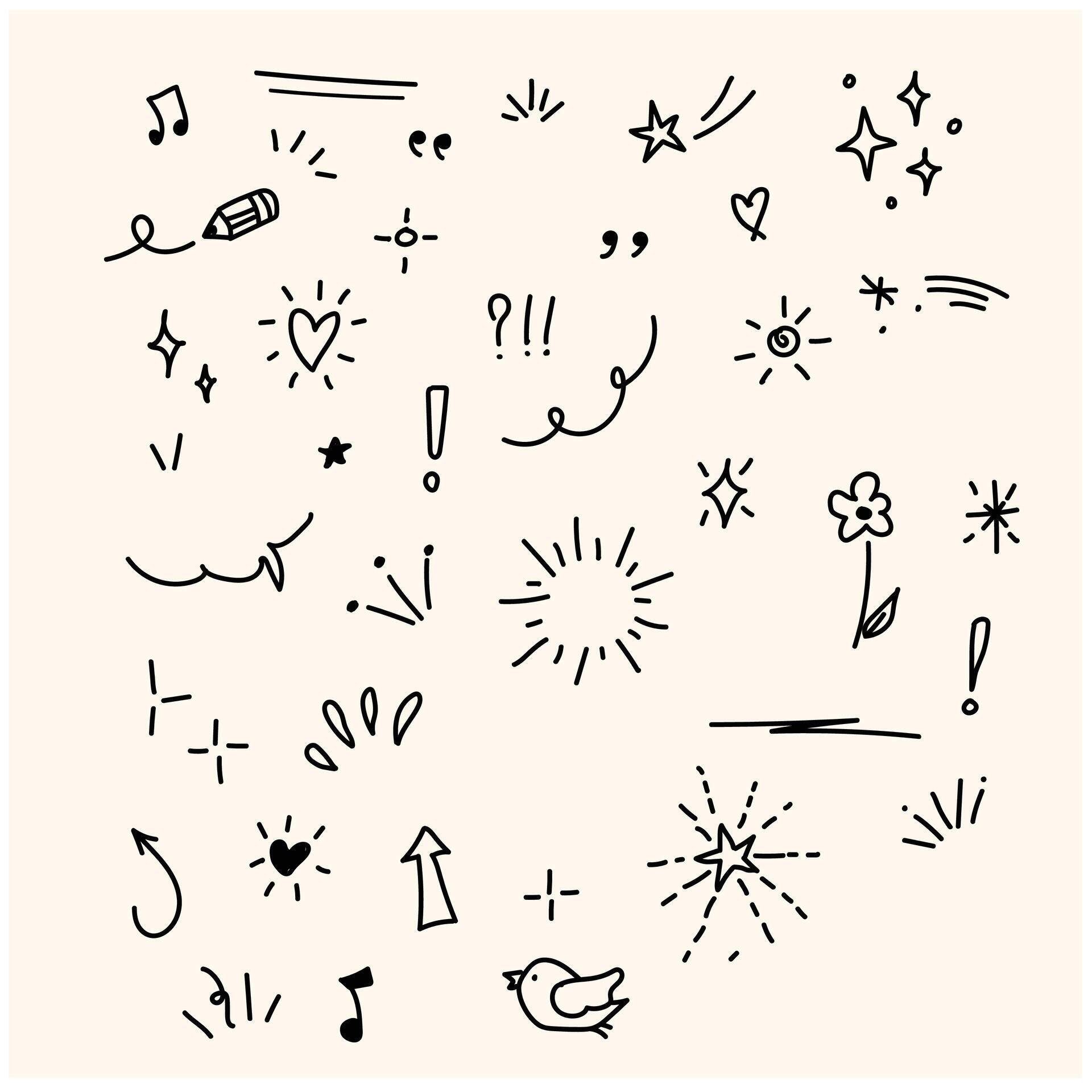 Doodle cute glitter pen line elements. Doodle heart, arrow, star, sparkle decoration symbol set icon. Illustration doodle and line art Stock Free