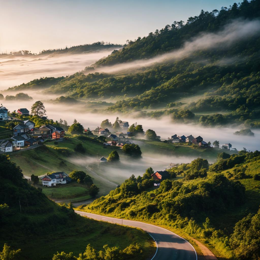 Evening view,highland,fog,road,stranded land,huge town,big by @ai_generated