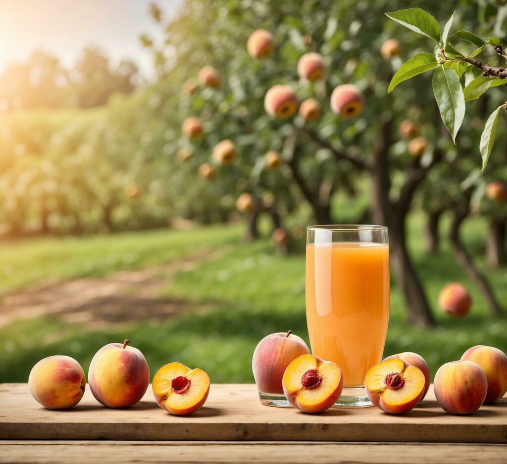 A glass of peach juice and ripe peaches on a wooden table in orchard Free Photo