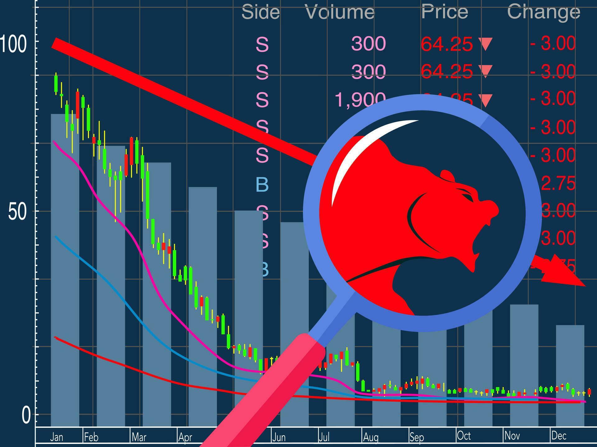 bear market and red arrow downward trend line. bearish market concept Stock Free