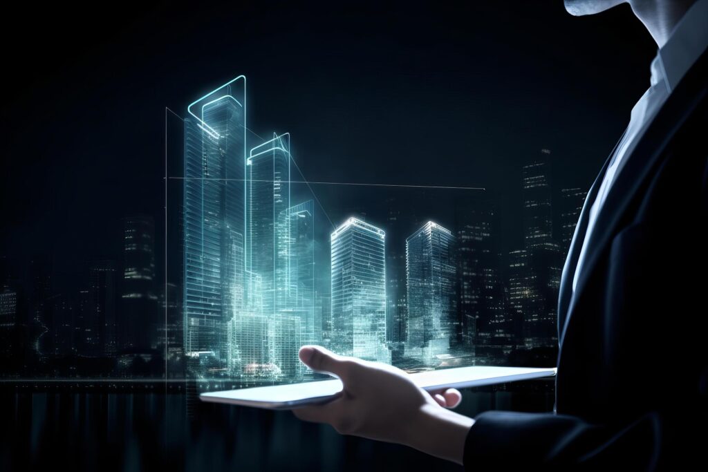 Digital tablet and a hologram of modern buildings, Illustration Stock Free