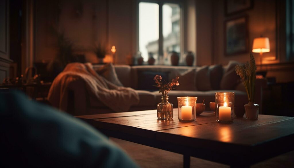 Romance burning in comfortable living room, candlelight illuminates elegant decor generated by AI Stock Free