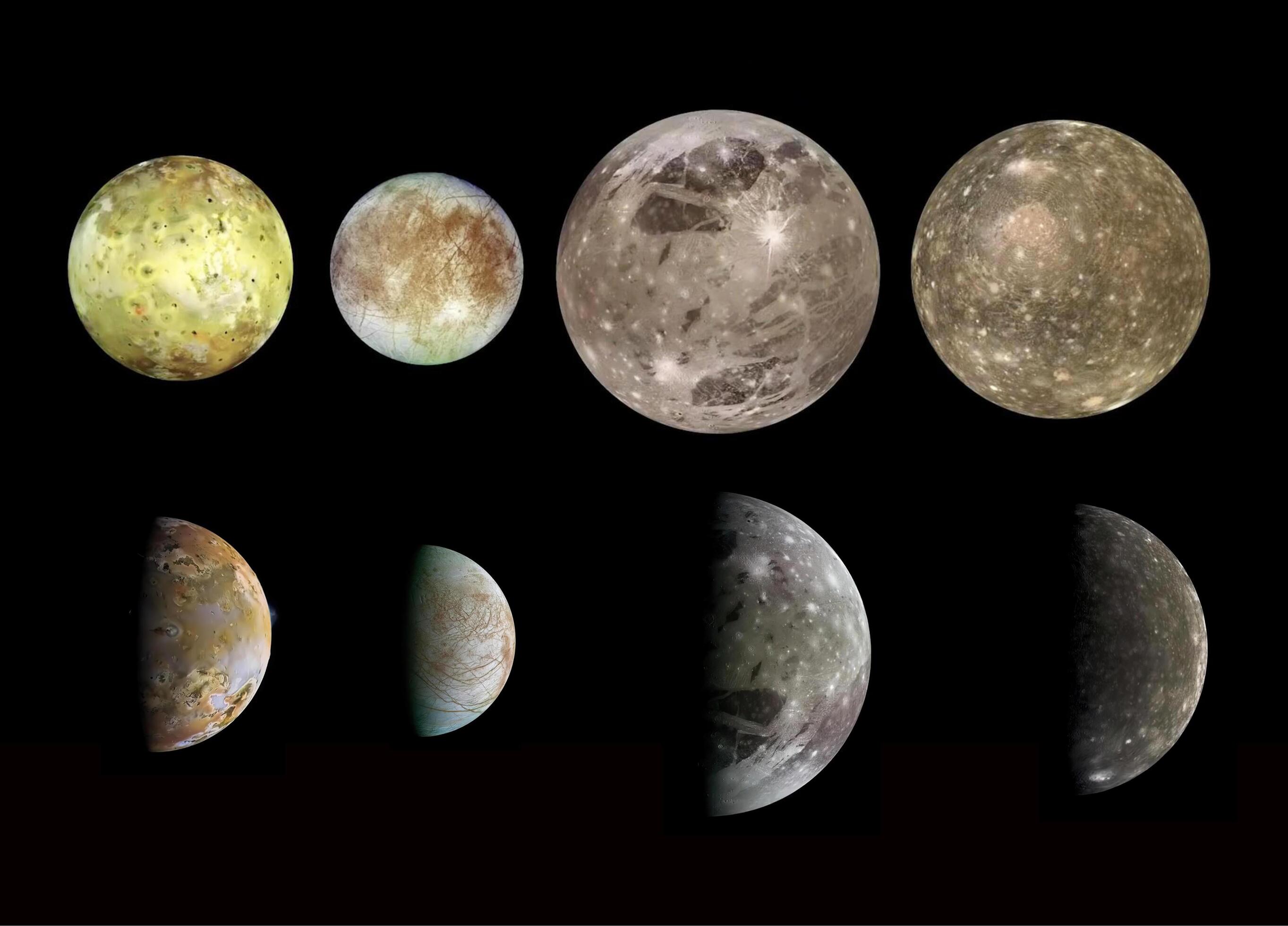 The main moons of Jupiter isolated on black background. Io, Europa, Ganymede, Callisto. Universe science astronomy Stock Free