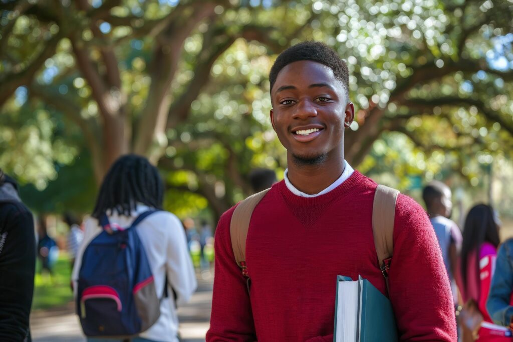 African American student holding books and smiling at the camera Stock Free