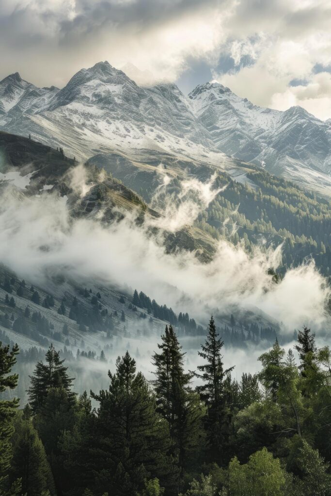 Landscape with clouds in the mountains. Hilly view with trees. Good for background, poster, cover Stock Free