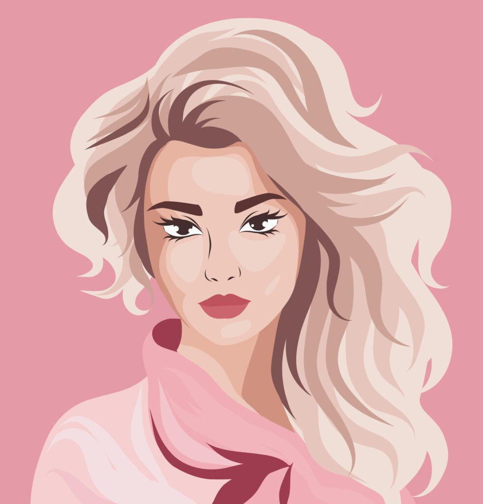 Portrait of a girl. Avatar girl. Pink color palette. Hairstyle. Postcard, poster. flat bright illustration on pink background Free Vector