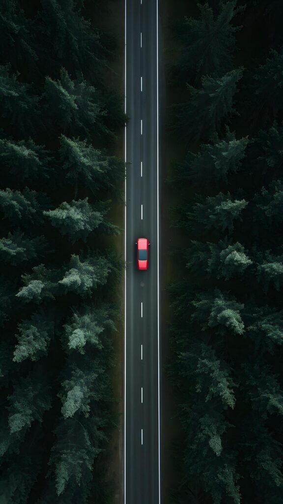 Straight road through dense forest with red car traveling Vertical Mobile Wallpaper Stock Free