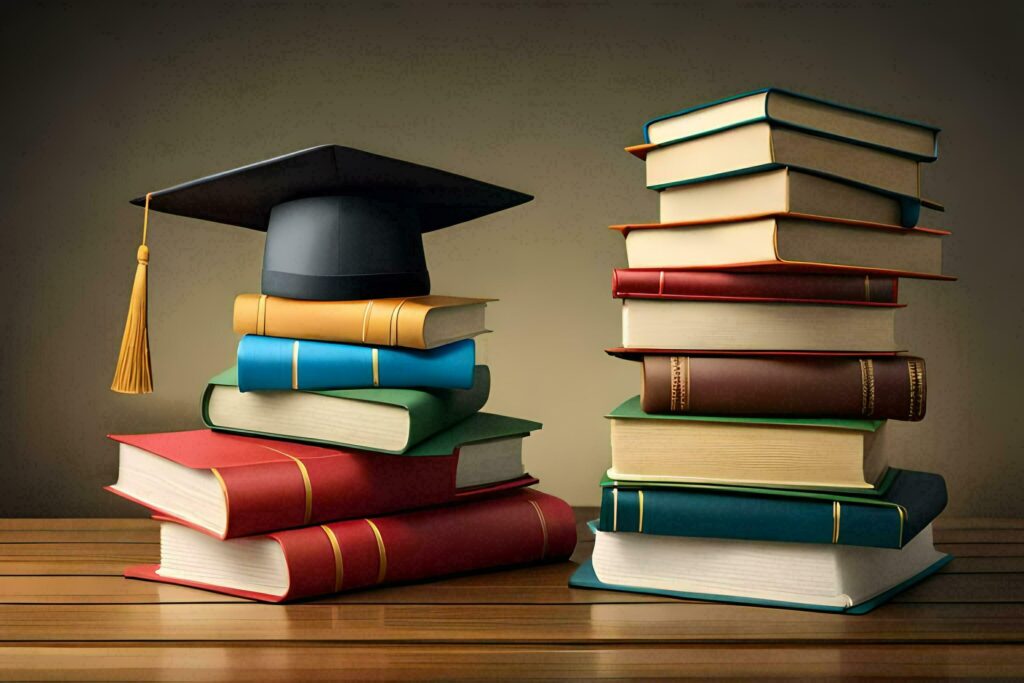 Graduation cap on stack of books. Education concept AI Generate Stock Free