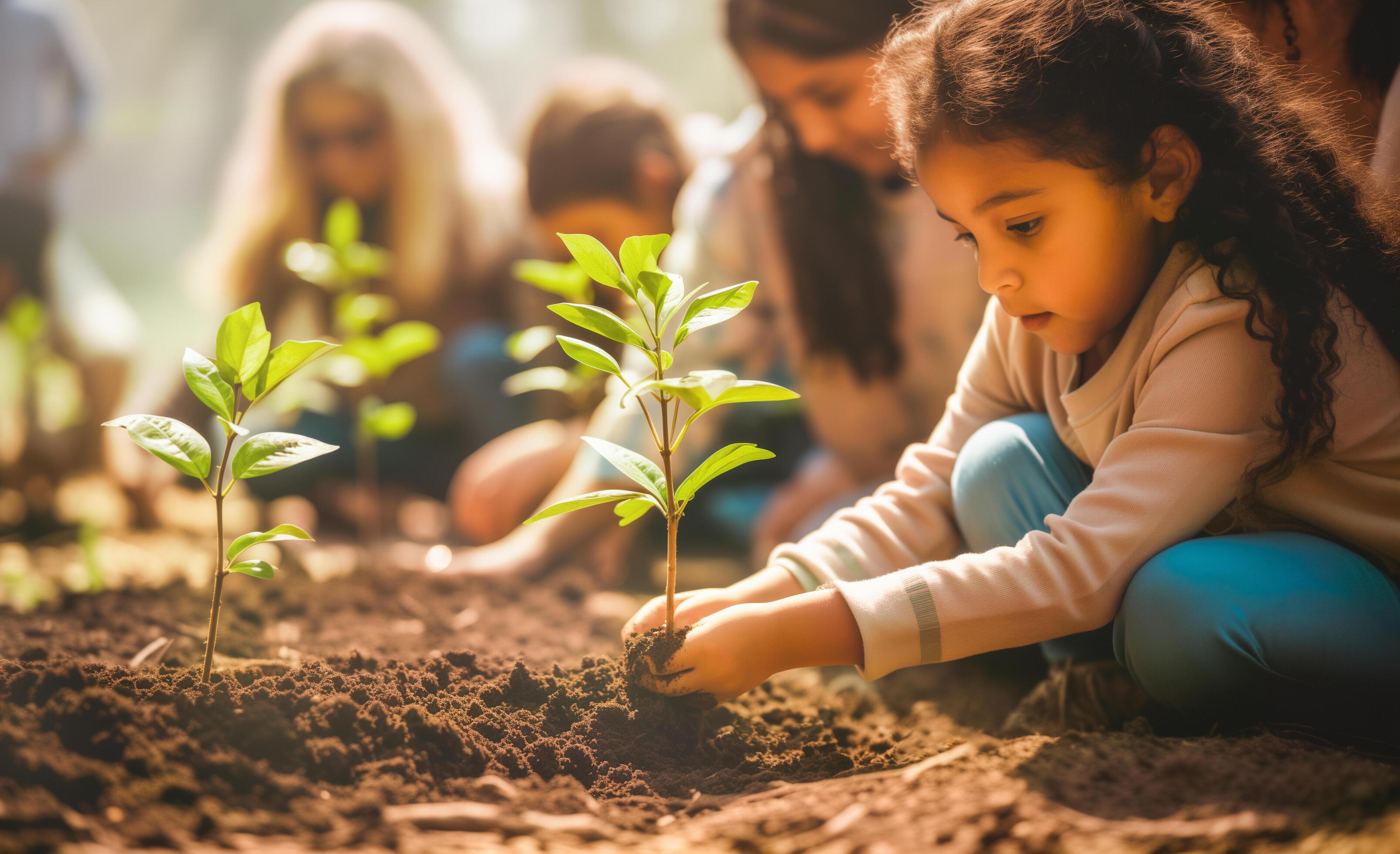 a young girl and her family are planting trees Stock Free