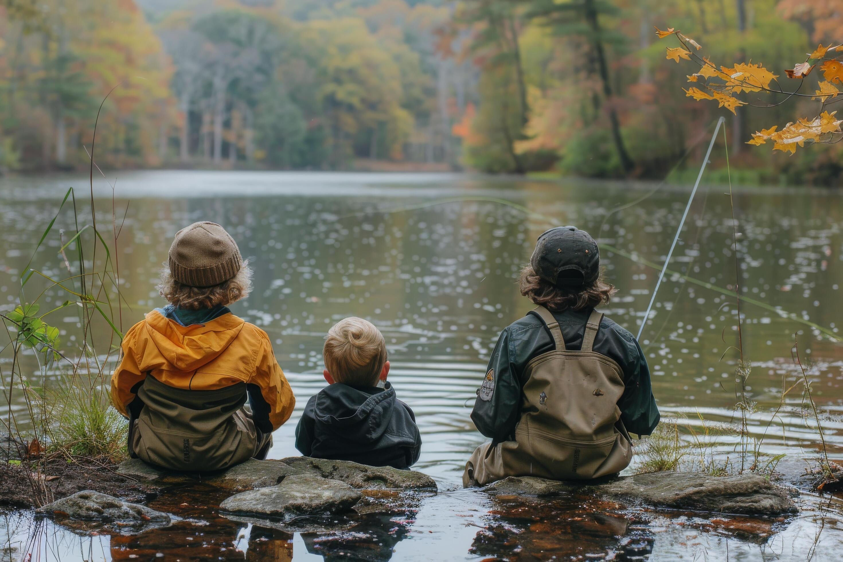 Family Fishing Trip in a Tranquil Forest Stream Stock Free