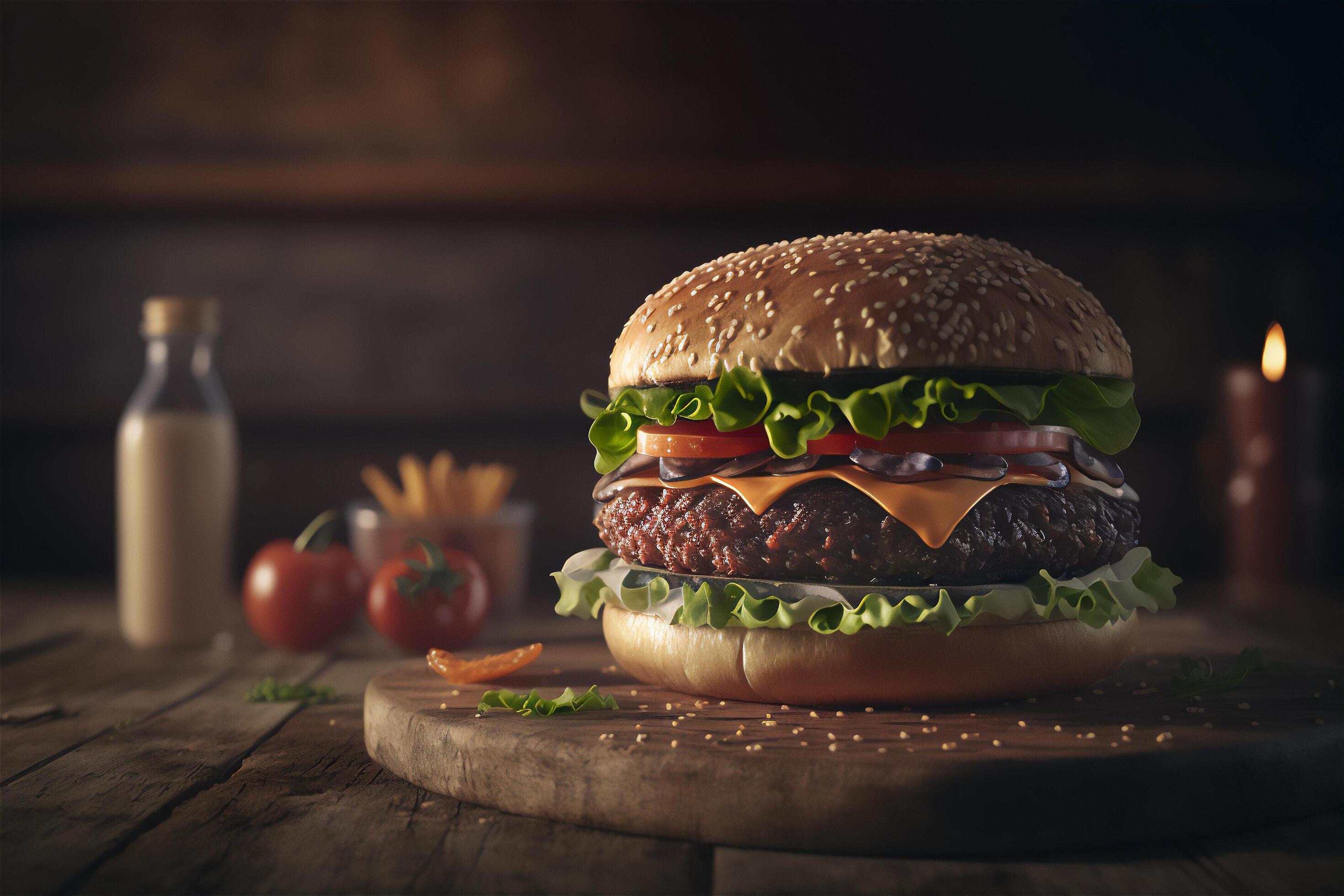 Tasty homemade hamburger on rustic wooden table. Copy space. Advertising. . Fast food snack Stock Free