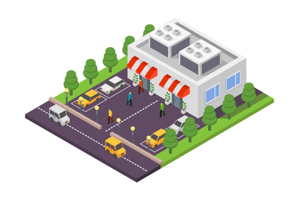 Isometric shopping center on white background Free Vector