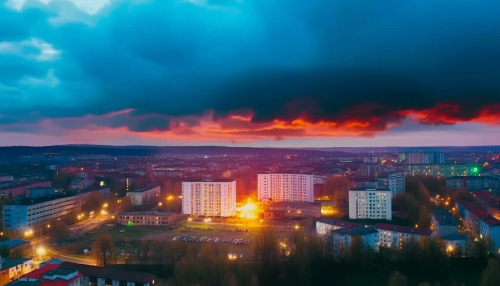 Bright city skyline illuminated by multi colored sunset over dramatic sky generated by AI Stock Free