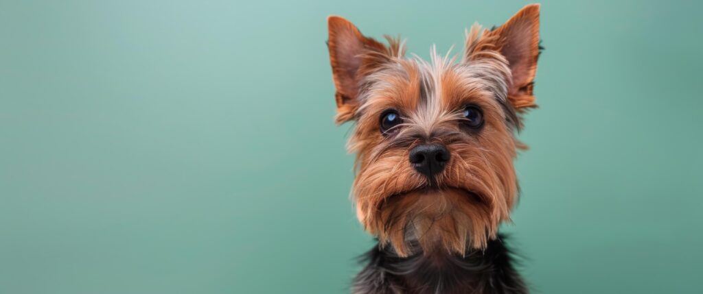 Yorkshire Terrier Looking Directly at Camera Against Teal Background Stock Free