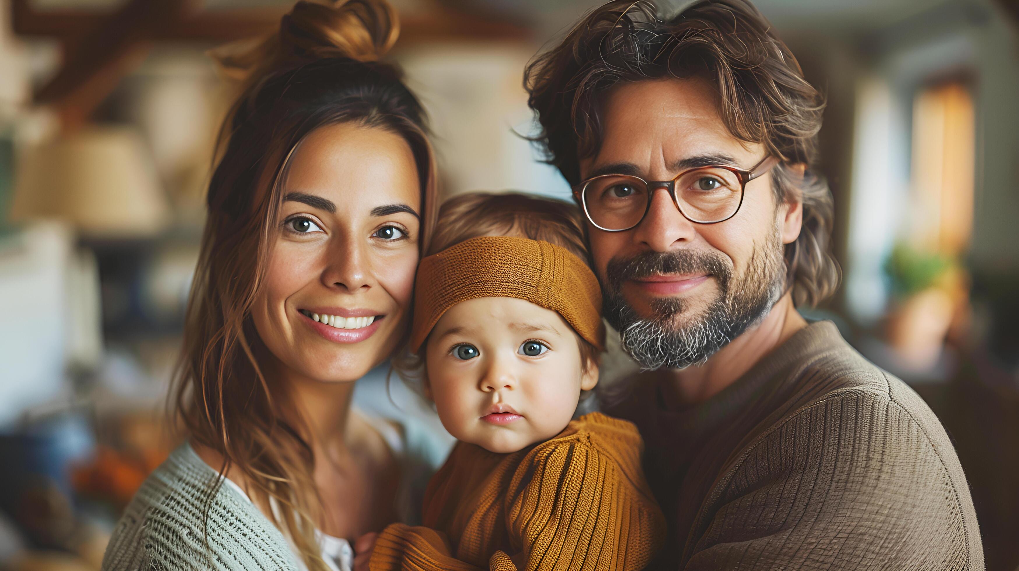 Portrait of a latin american family with parents and cute child toddler kid at happy home. AI-Generated Stock Free