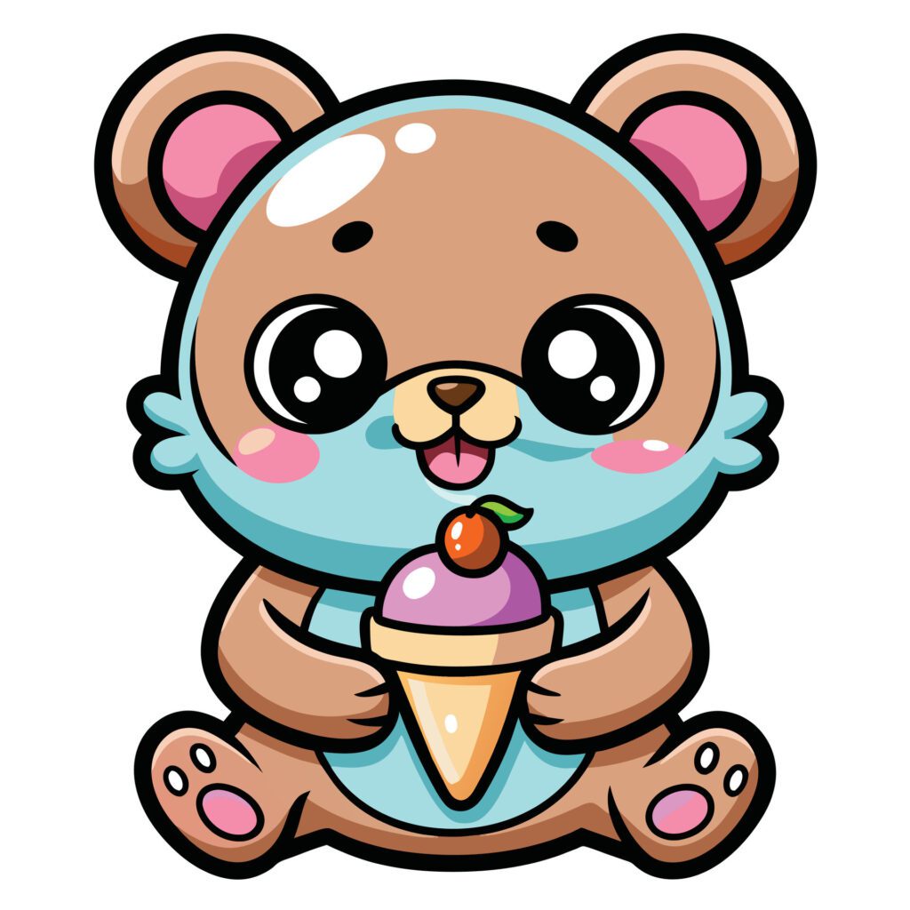 a cute kawaii bear eating ice cream, with clean black outlines, white background Free Vector