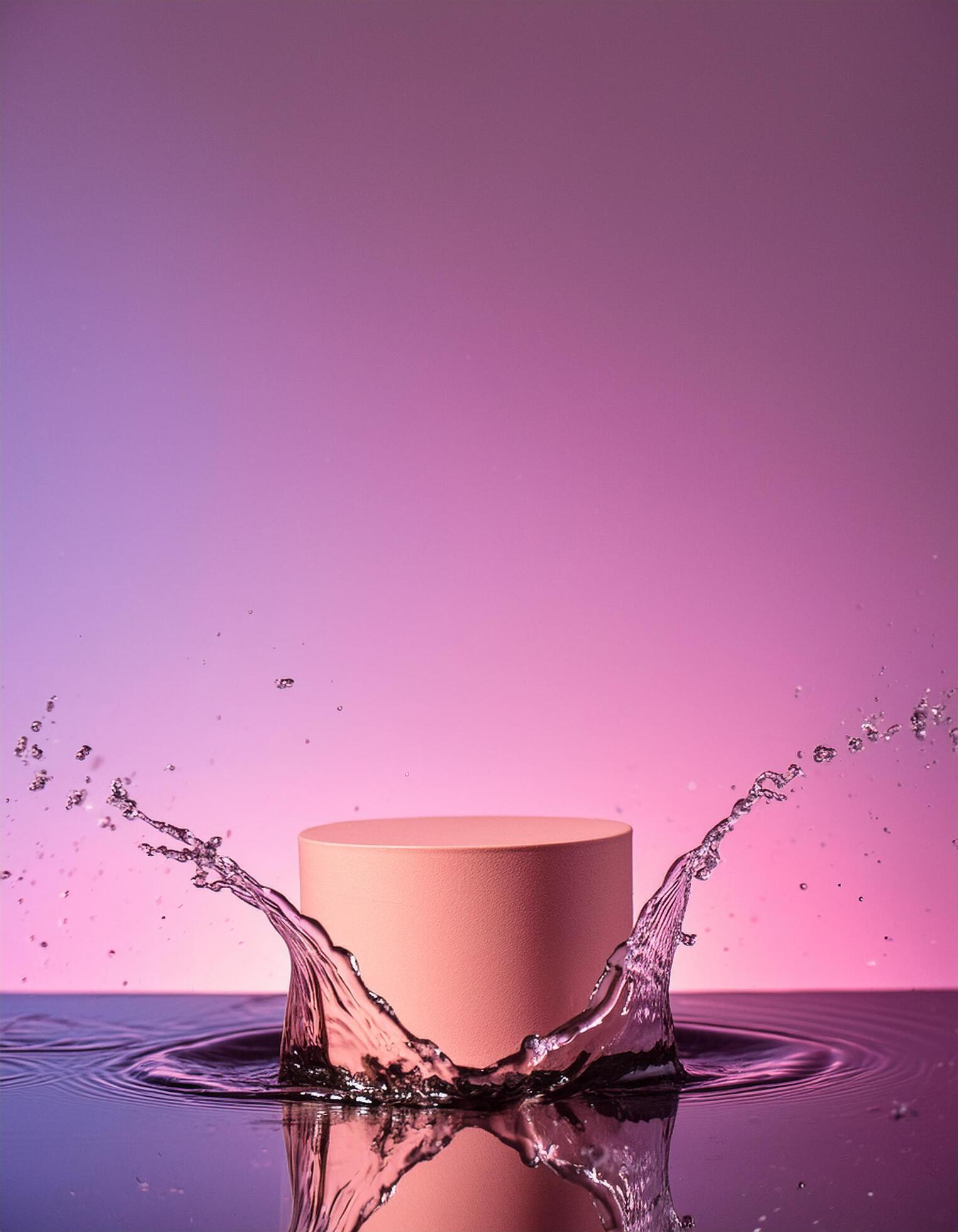 empty pink podium mockup with water splash on a pink gradient background for product display Stock Free