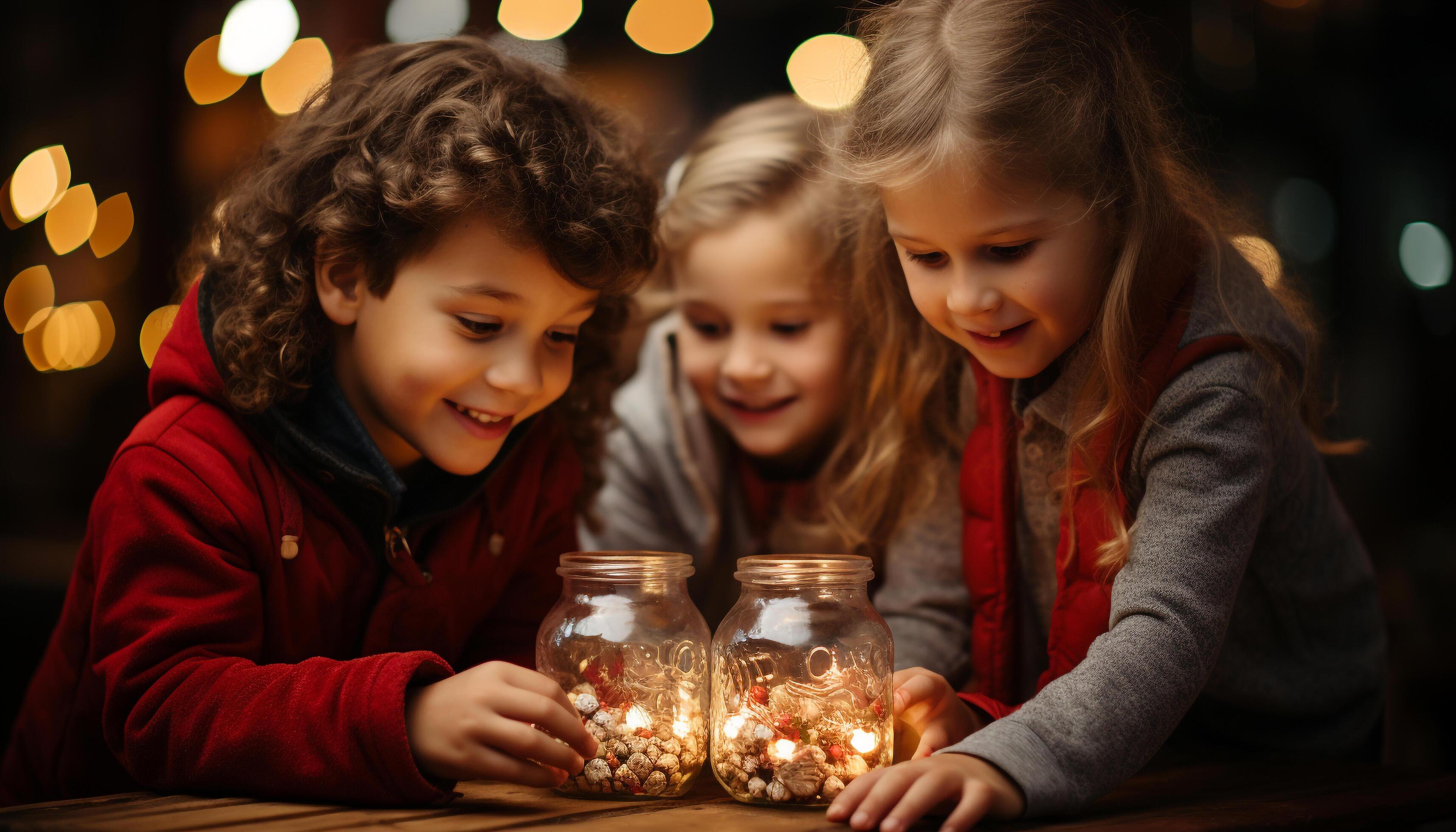 AI generated Smiling girls enjoy Christmas lights and family togetherness generated by AI Stock Free