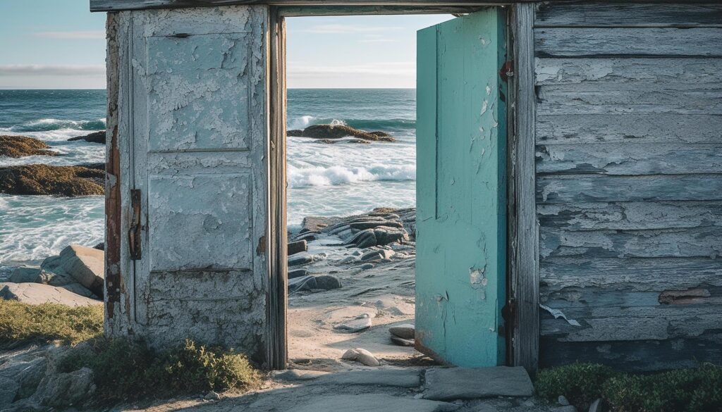 Sunset over weathered building, waves breaking on rocky coastline generated by AI Stock Free