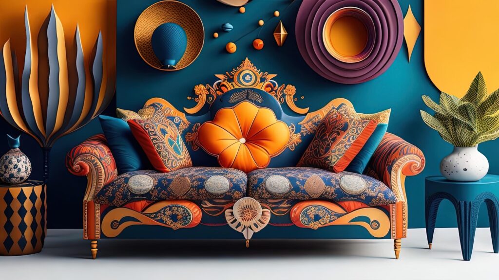 Vintage sofa in blue and orange interior. Stock Free