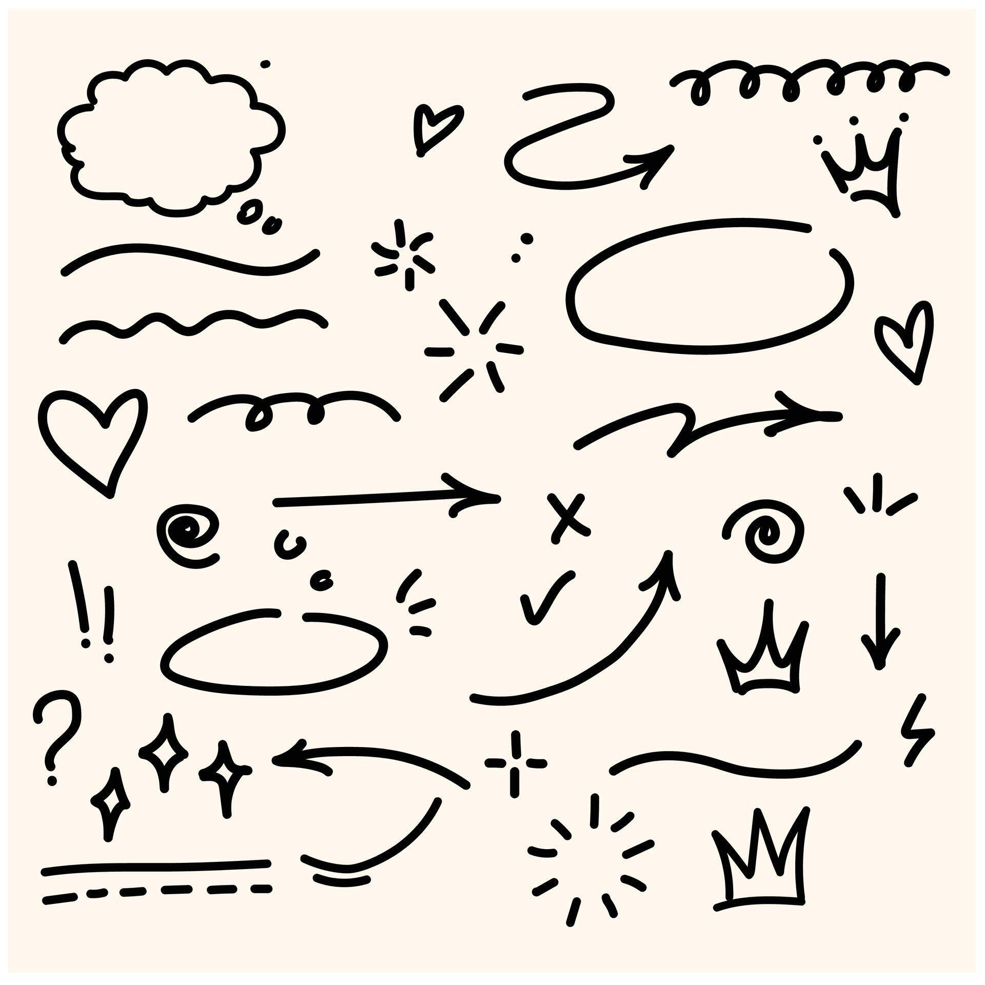 Doodle cute glitter pen line elements. Doodle heart, arrow, star, sparkle decoration symbol set icon. Illustration doodle and line art Stock Free