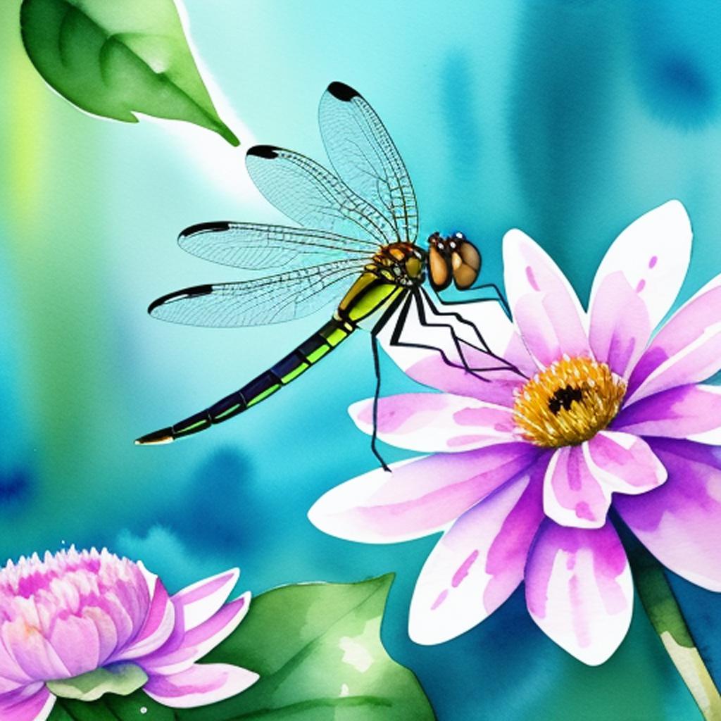 Dragonfly watercolor, pond background by @ai_generated