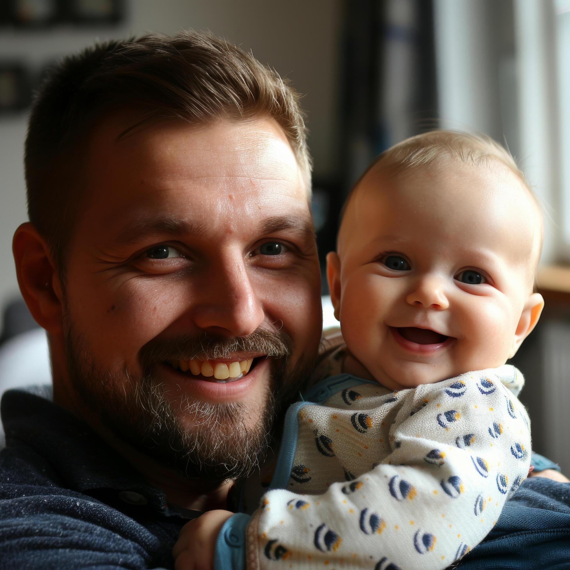 Smiling father holding his baby family bonding moment Stock Free