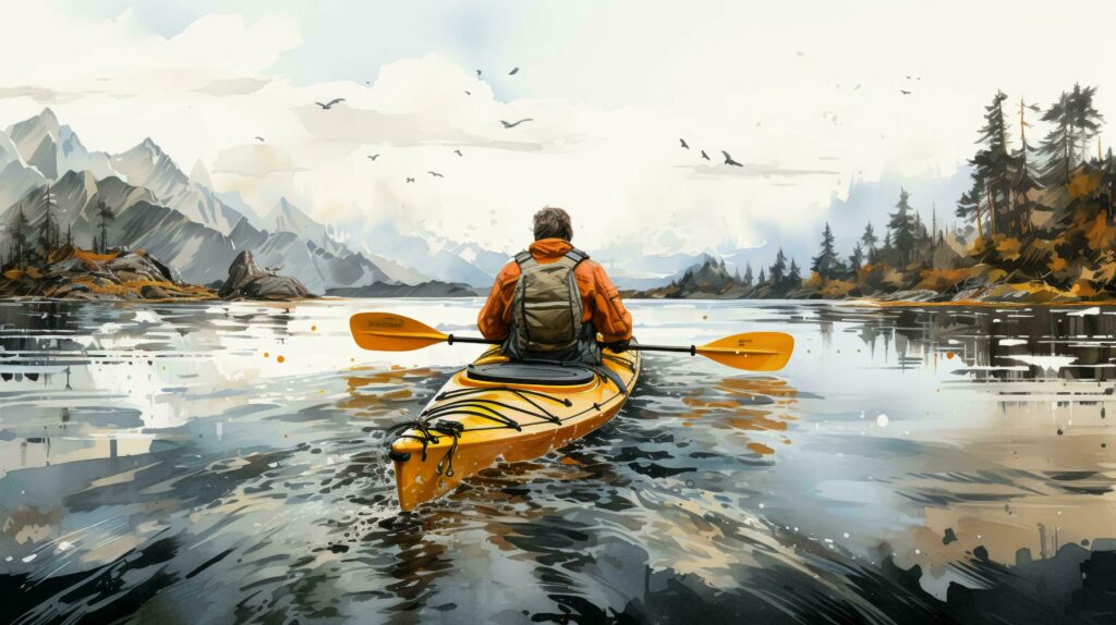 AI-Generated man is kayaking on the lake. The concept of active tourism and travel. View from the back Stock Free