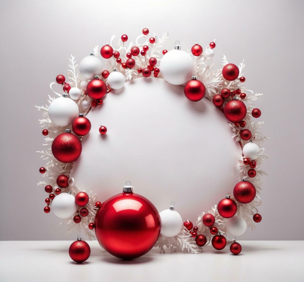 Christmas wreath with red and white baubles on a white background Free Photo